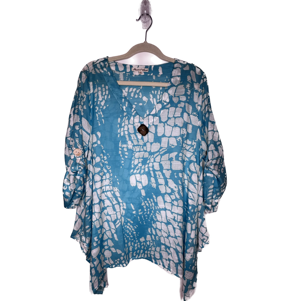 Women's XL Pleasant Shade Blouse Handkerchief Sheer Top Aqua Blue & White